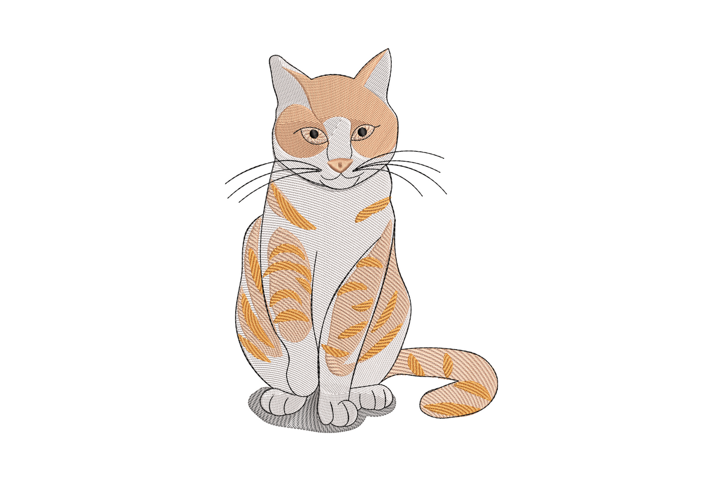 Orange tabby cat machine embroidery design with stripe markings, 5 sizes from 2.47 to 5.30 inches wide, 34064 stitch count