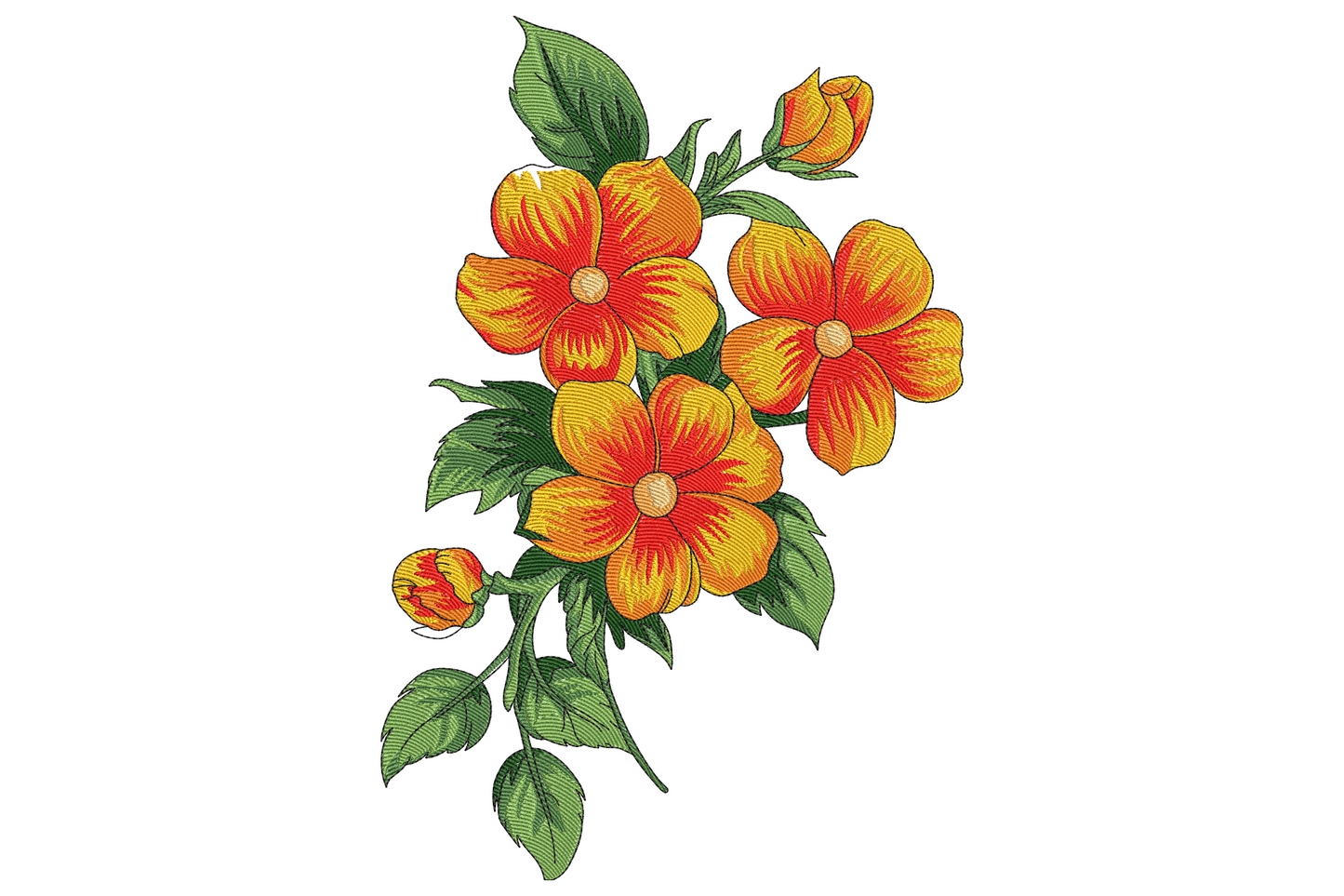 Orange and yellow five-petal flower branch embroidery with three blooms, two buds and curling leaf green stems on white