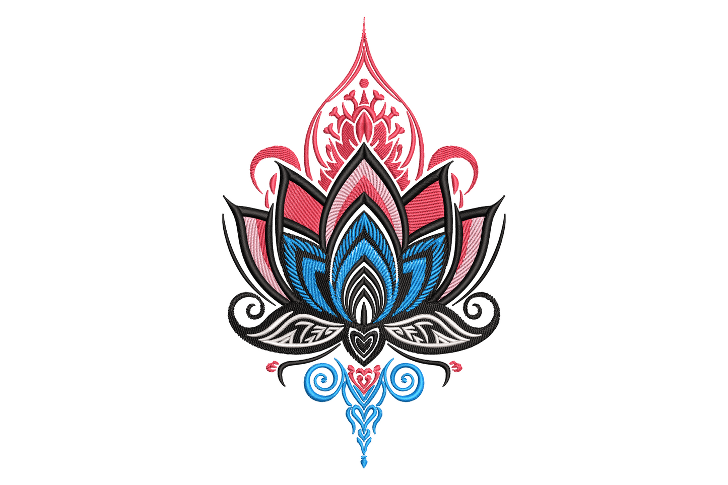 Ornamental lotus embroidery design with pink and red layered petals, cobalt blue centre petals and black outline scroll base