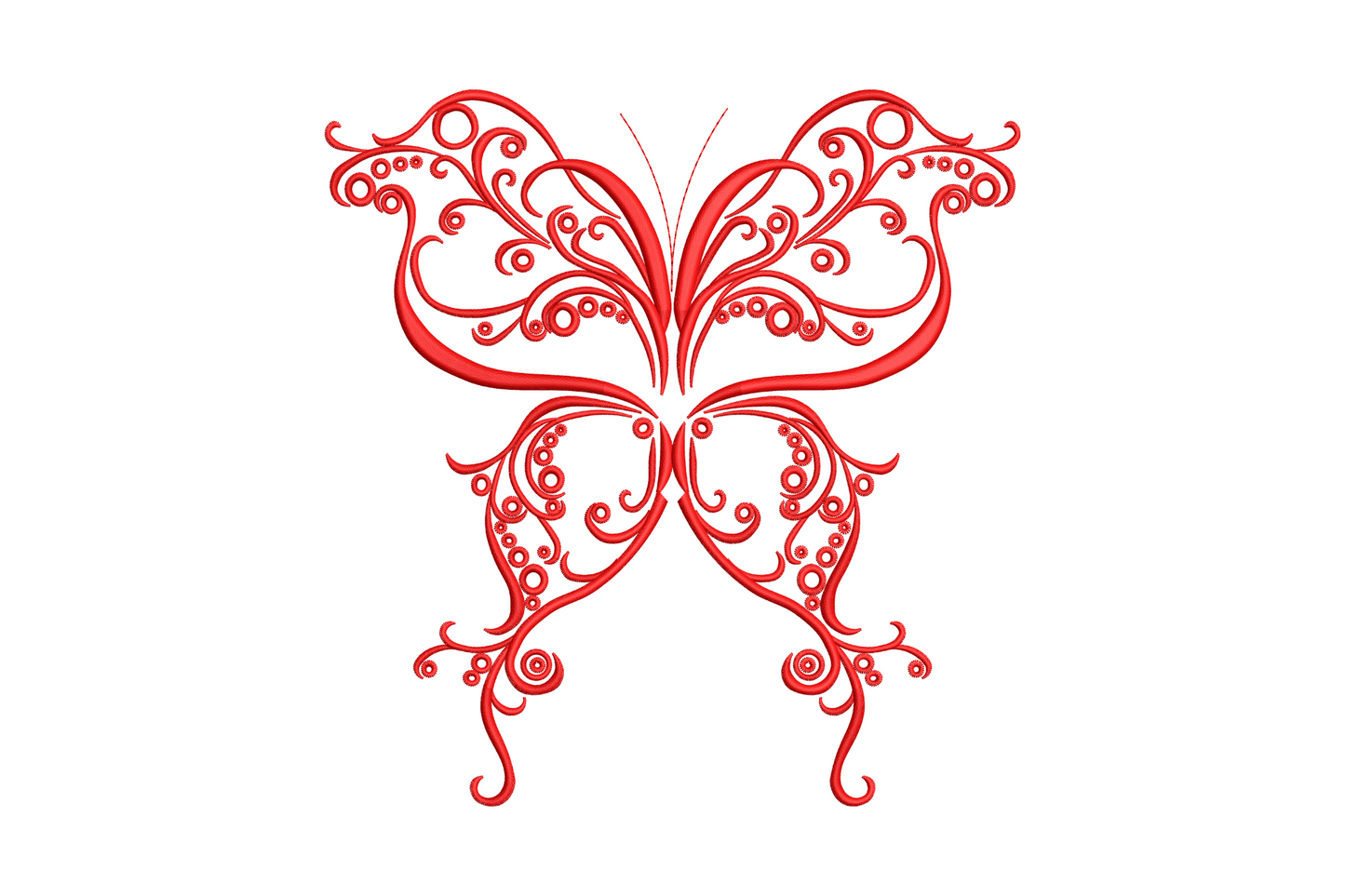 Ornate filigree butterfly embroidery design, red scrolling curves and circular medallions with curled tail appendages