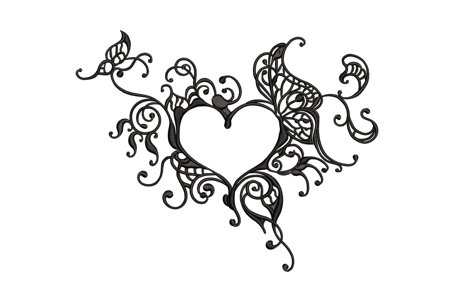Ornate gothic heart embroidery design, open heart with filigree scrollwork and butterfly wing accents in single-colour black