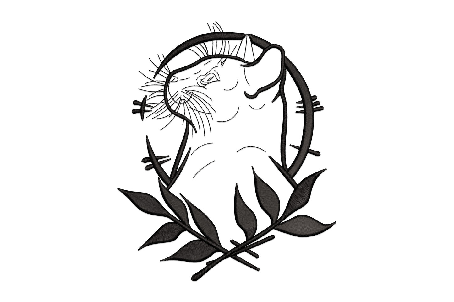 Otter embroidery design inside a bold circular ring frame with a laurel branch below, fine line art on black satin.