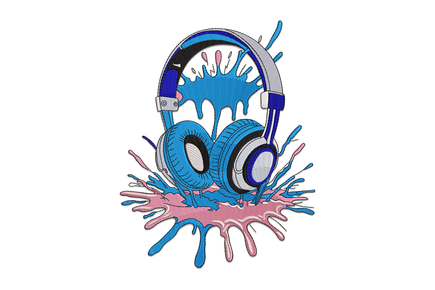 Paint splash headphones embroidery design with cream over-ear headphones and cobalt blue paint burst on black hoodie fabric.