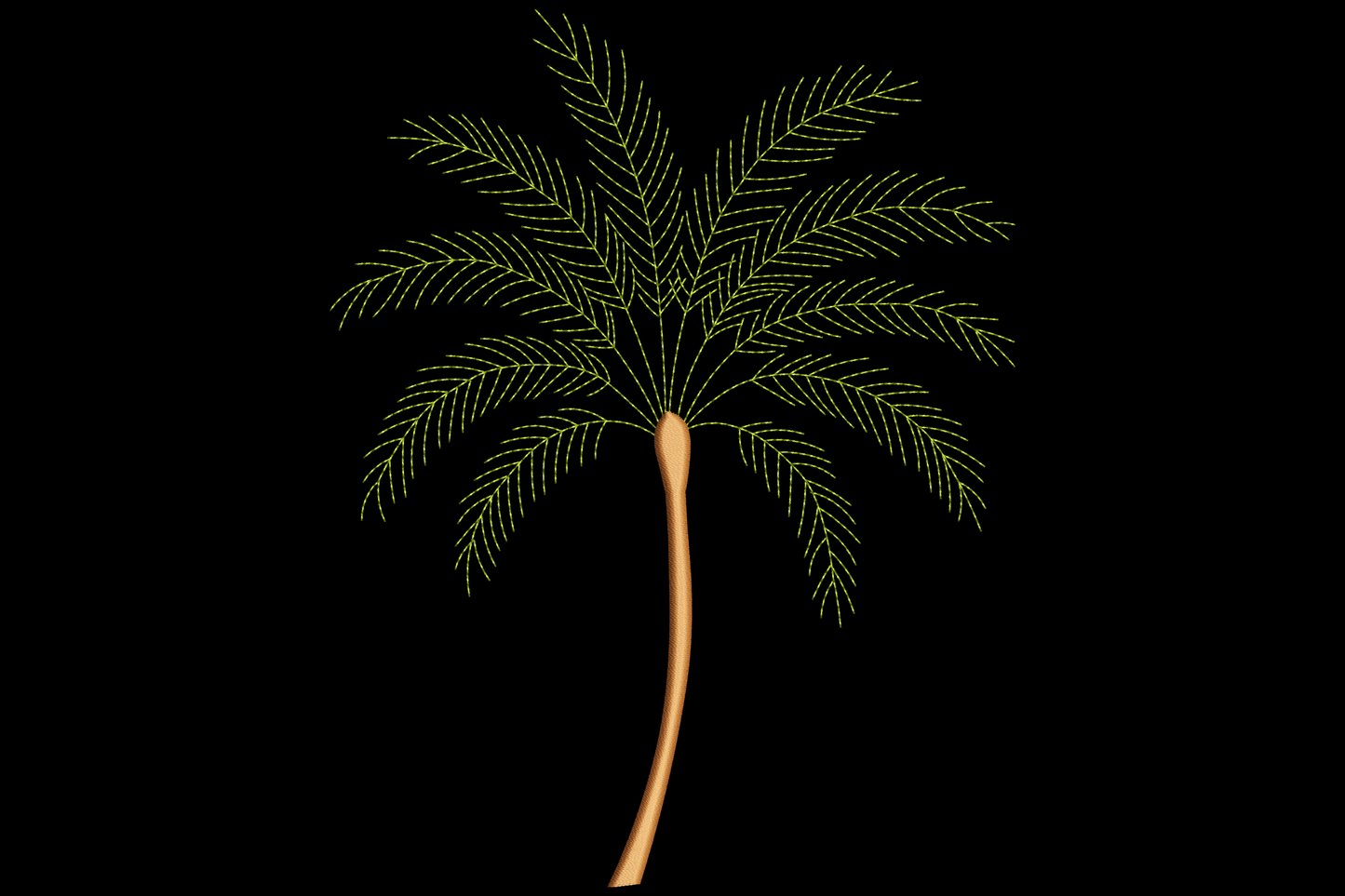 Palm tree embroidery design with feathery forest green fronds and warm tan trunk, clean line art style, on black background.
