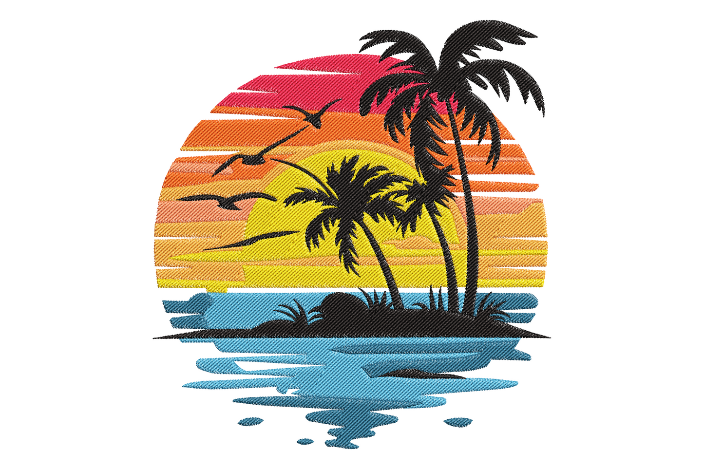 Tropical palm tree ocean scene machine embroidery design, two palms framing turquoise water, eight colours, wide landscape composition on white background.