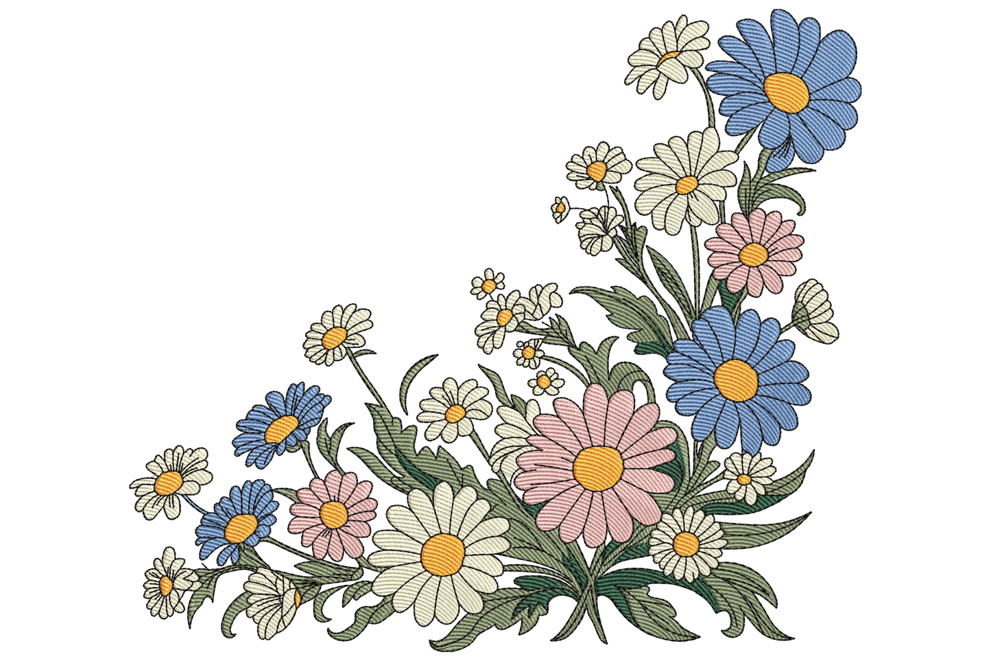 Diagonal corner spray of white and yellow daisies with mustard centres mixed with dusty pink wildflowers, lavender buds, and trailing sage leaves in pastel watercolor style.