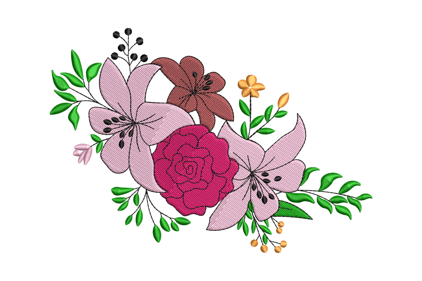 Pastel lily and rose floral cluster embroidery with blush pink lily petals, deep magenta rose, green foliage and small orange accent buds.