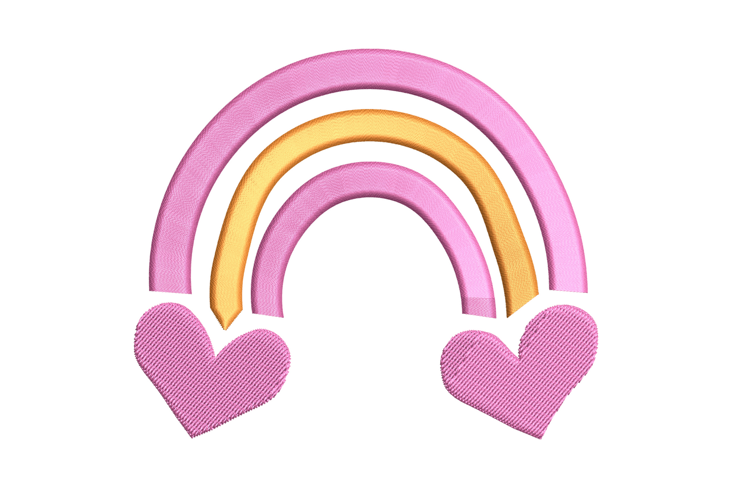 Pastel pink and orange rainbow embroidery design with three nested arches and two chunky pink heart anchors at each end.