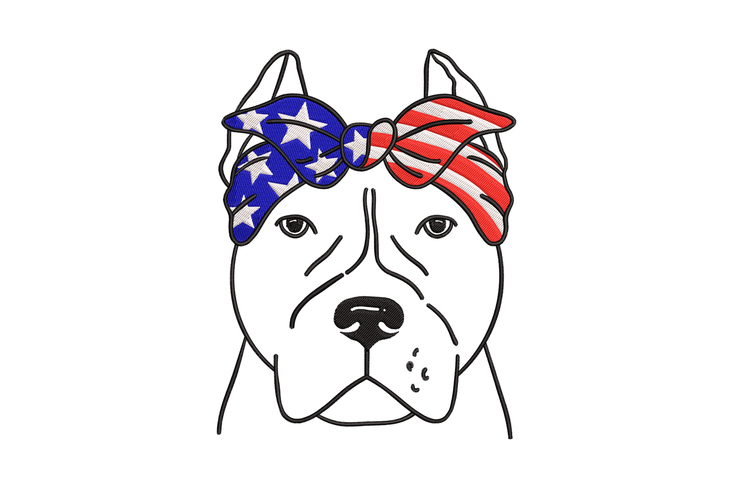 Pitbull face embroidery design wearing an American flag bandana, line art style, dark blue white red black thread