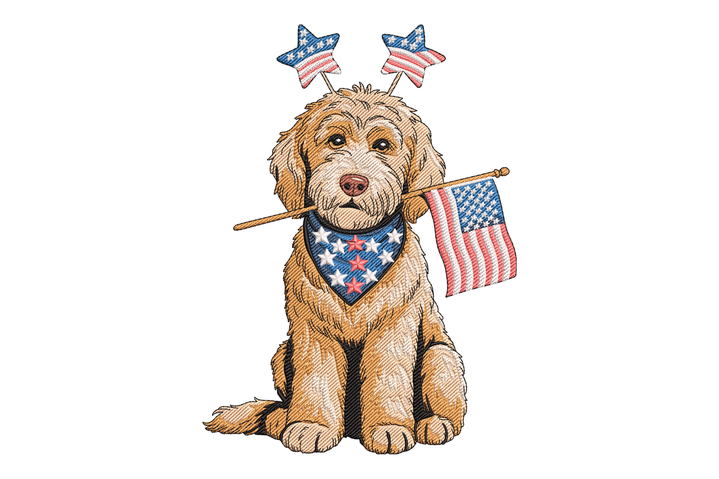 Illustration of a dog with American flags embroidery design
