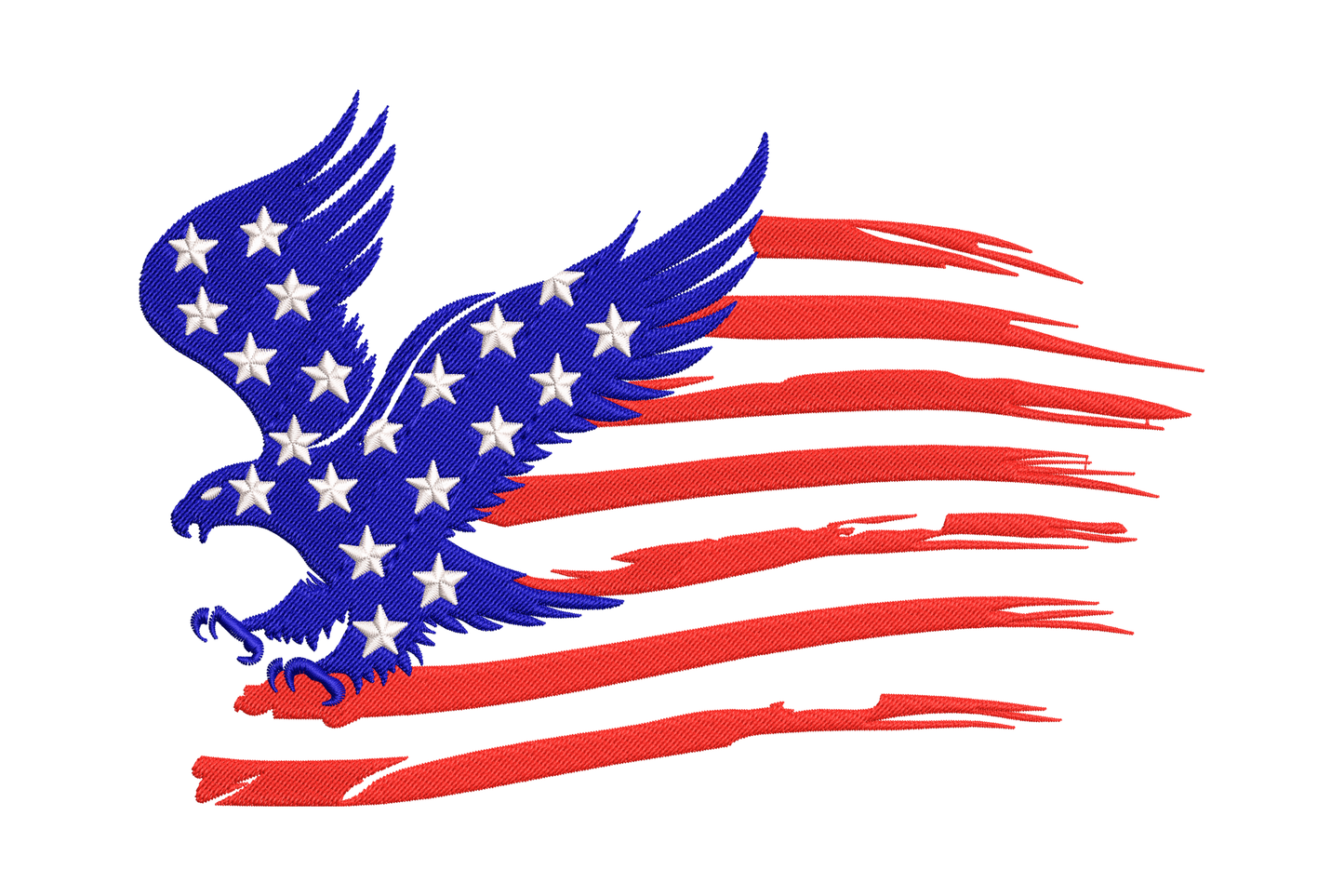 Bald eagle in flight with distressed American flag trailing behind, red dark blue and white embroidery design