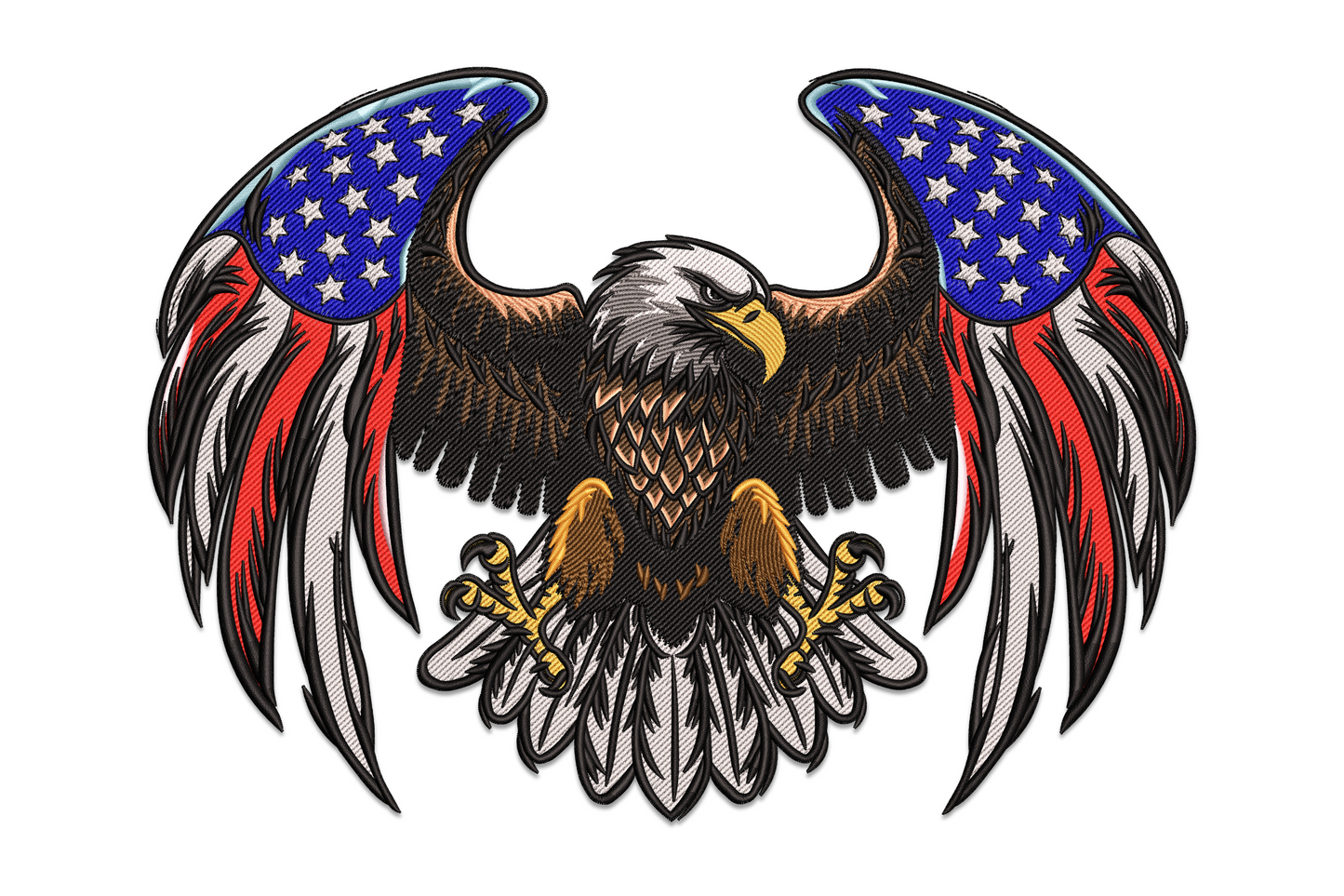 Patriotic bald eagle embroidery, wings wide with blue star field and red-white stripes, golden beak and brown body.