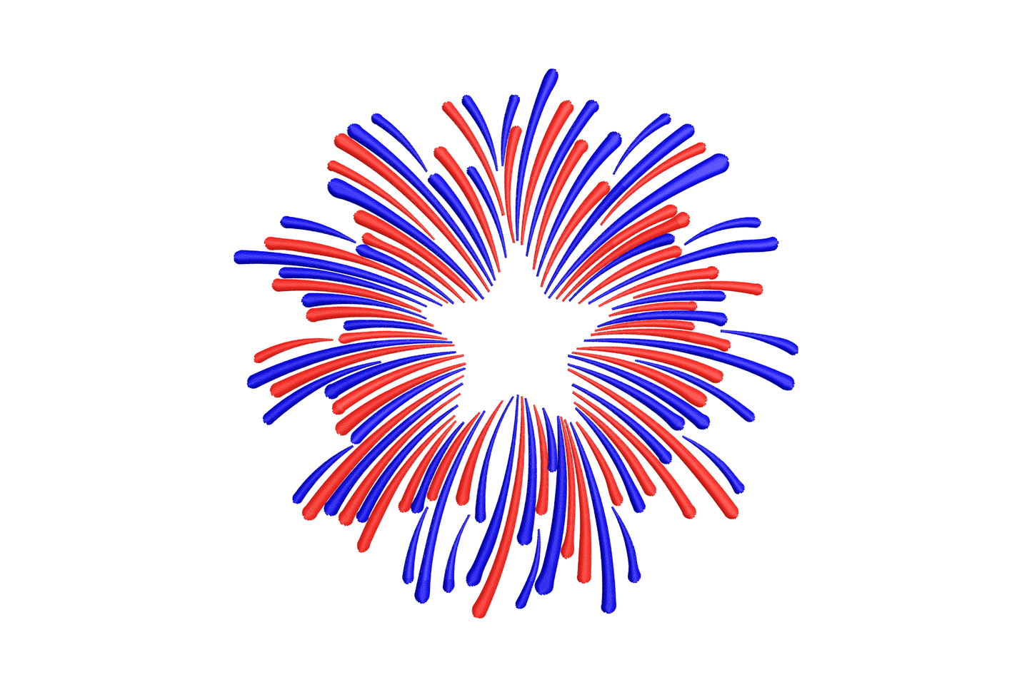 Patriotic fireworks circle embroidery design with alternating red and blue firework streaks radiating outward from a white star-shaped negative space center, in a round symmetrical burst composition