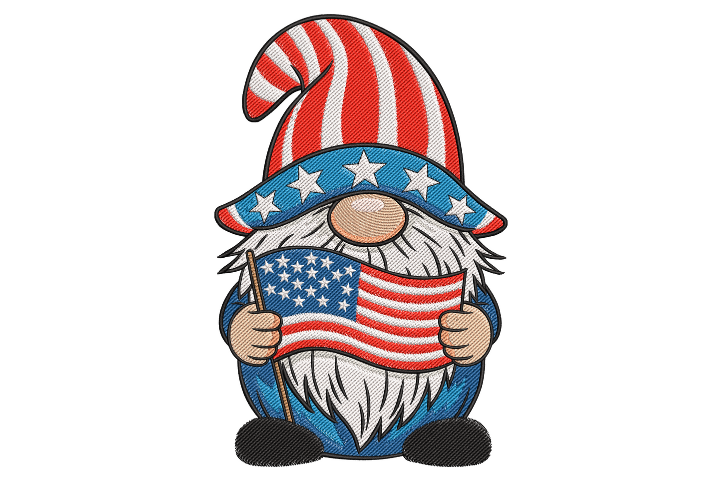 Patriotic gnome embroidery, red and white striped hat, blue starred brim, white beard and a small American flag.