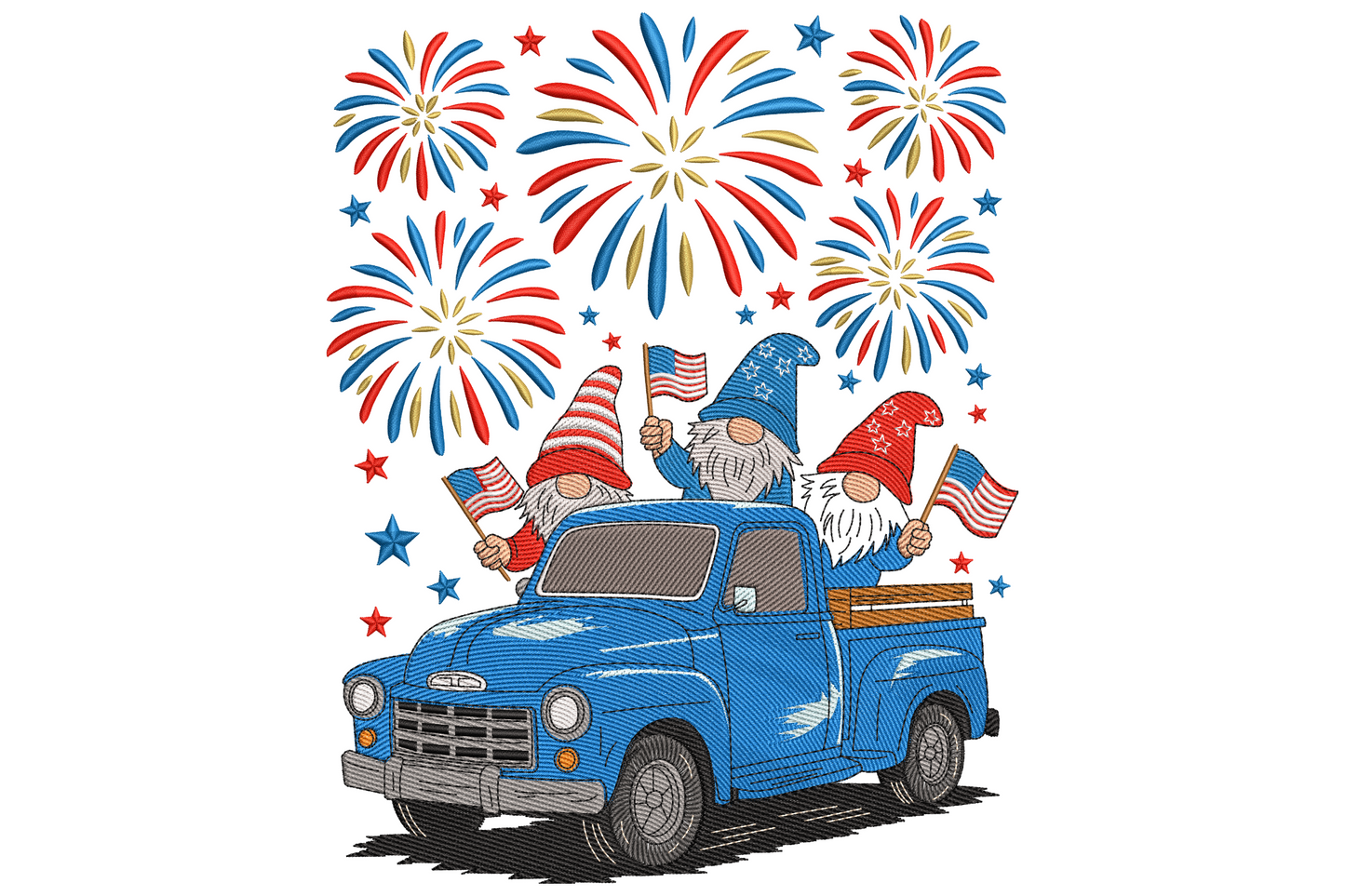Patriotic gnomes vintage truck embroidery design with three flag-waving gnomes in a blue 1950s pickup and fireworks behind.