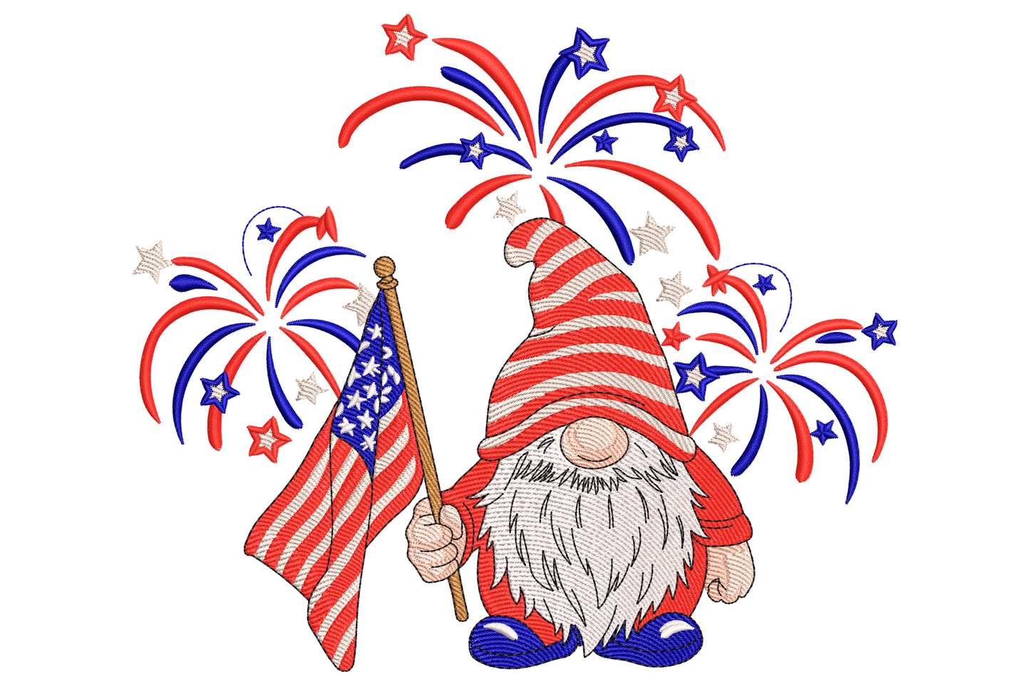Embroidered patriotic gnome in red striped hat holding a US flag with red and blue firework bursts behind him