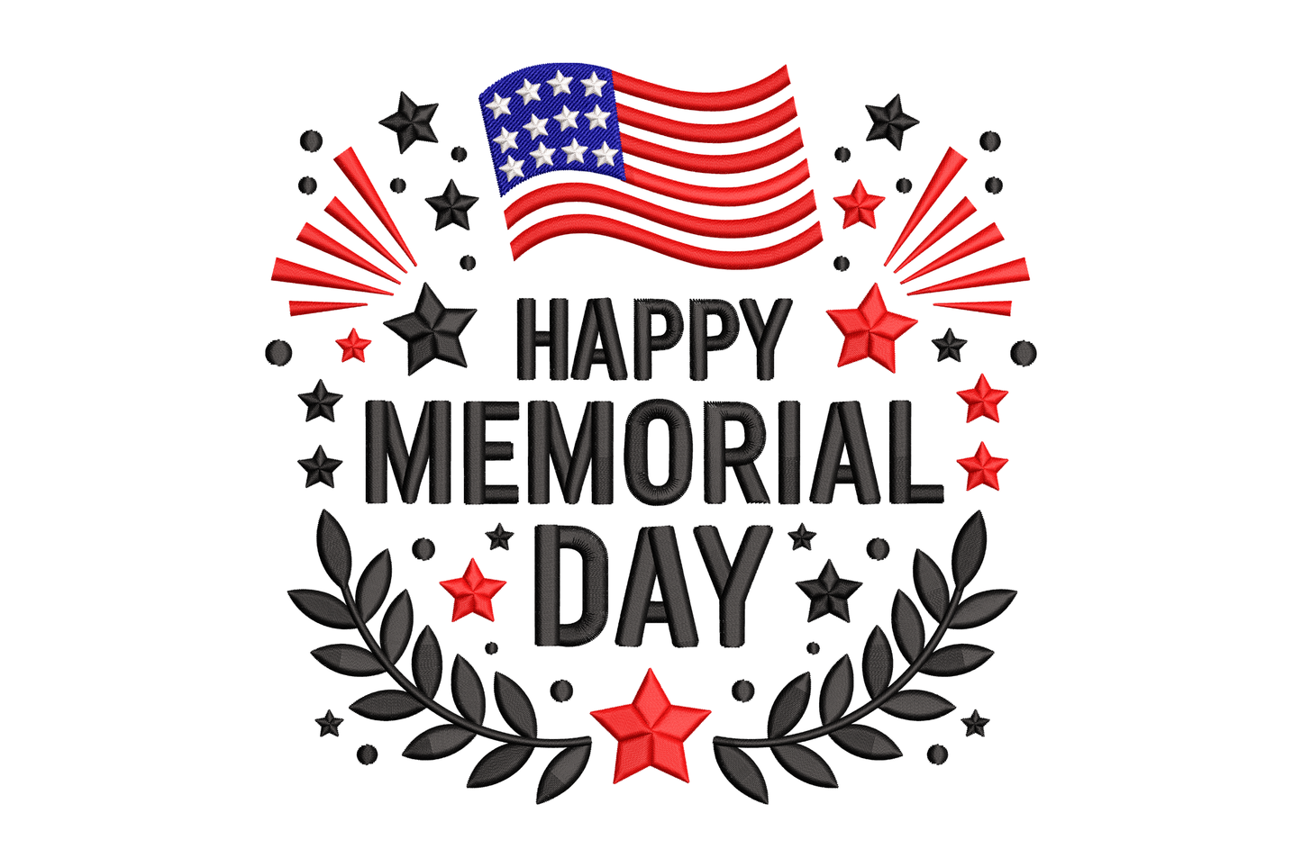 Happy Memorial Day text with American flag, stars, and wreath embroidery design