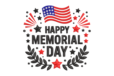 Happy Memorial Day text with American flag, stars, and wreath embroidery design