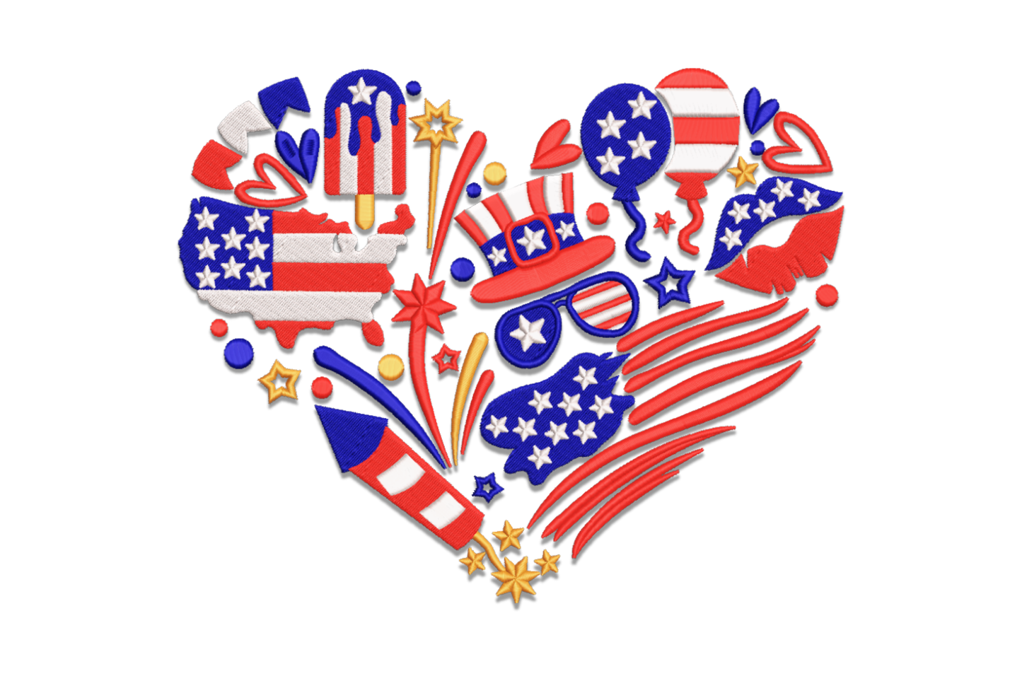 Patriotic heart filled with American flag stripes and star canton, fireworks bursting from top, 4 colours, 6 sizes for 4th of July shirts hoodies and patriotic gifts