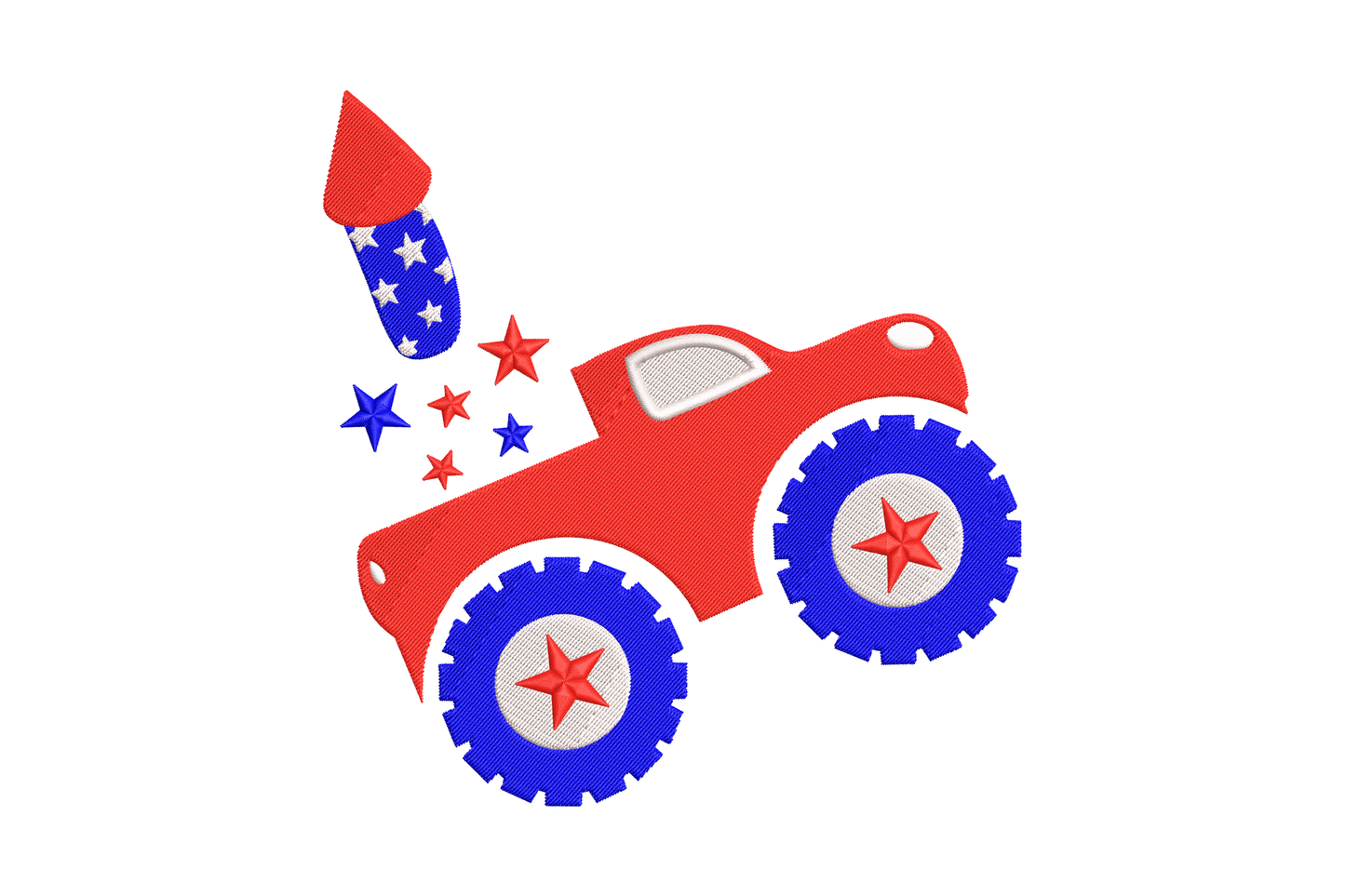 Patriotic monster truck embroidery, red truck wheelie with blue star wheels and stars-and-stripes exhaust, 3 colour patriotic design.