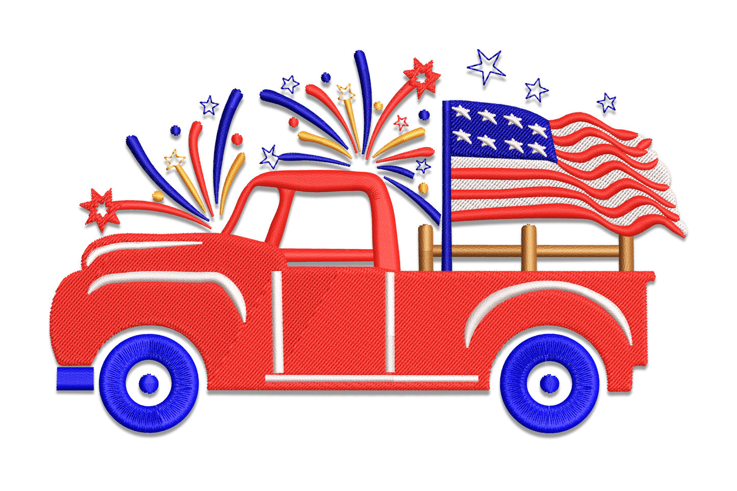Patriotic red truck fireworks embroidery, cherry red pickup with American flag in bed and fireworks bursting overhead