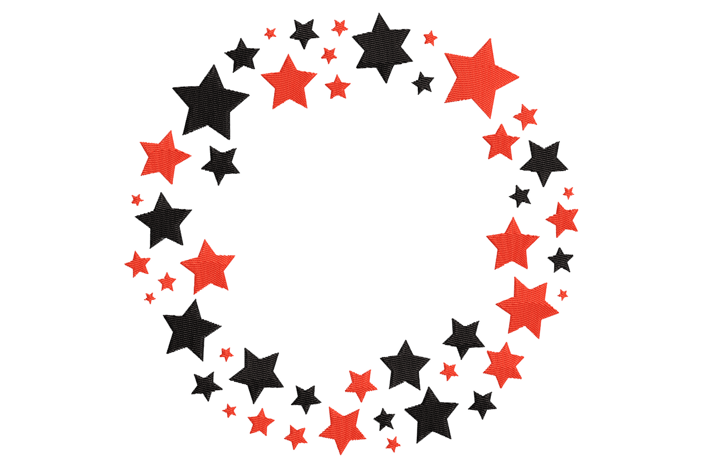Patriotic star wreath embroidery design, ring of red and black five-pointed stars, 2 colors, 4th of July machine pattern