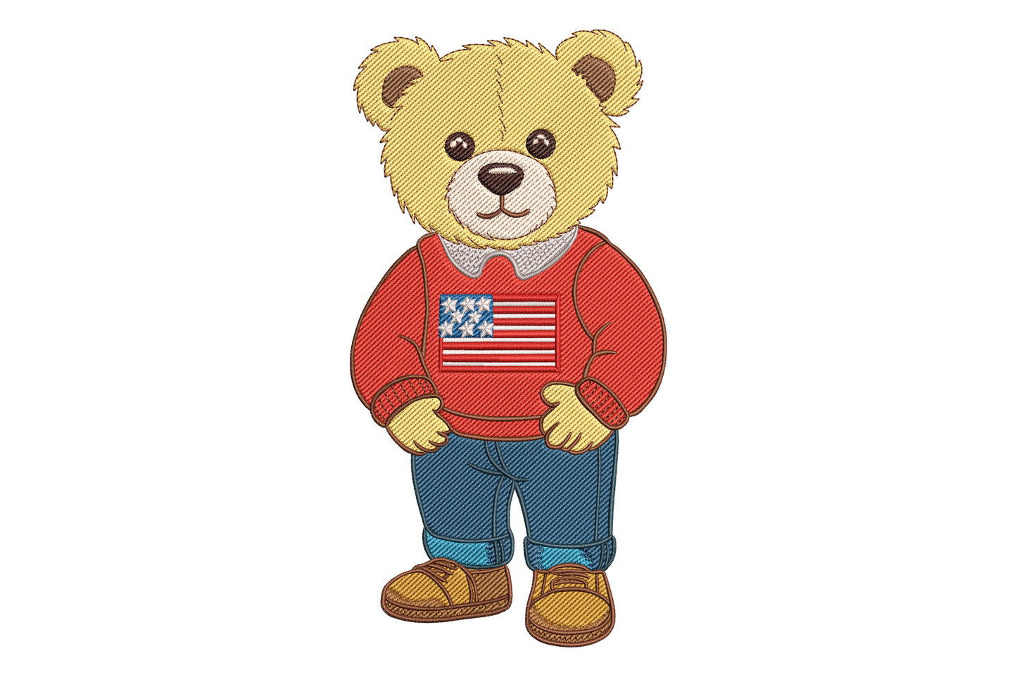Teddy bear wearing a red sweater with an American flag design embroidery design