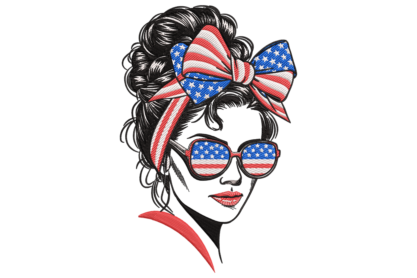 Stylish woman portrait with messy bun, USA flag bow headband, flag aviator sunglasses and red lipstick embroidery