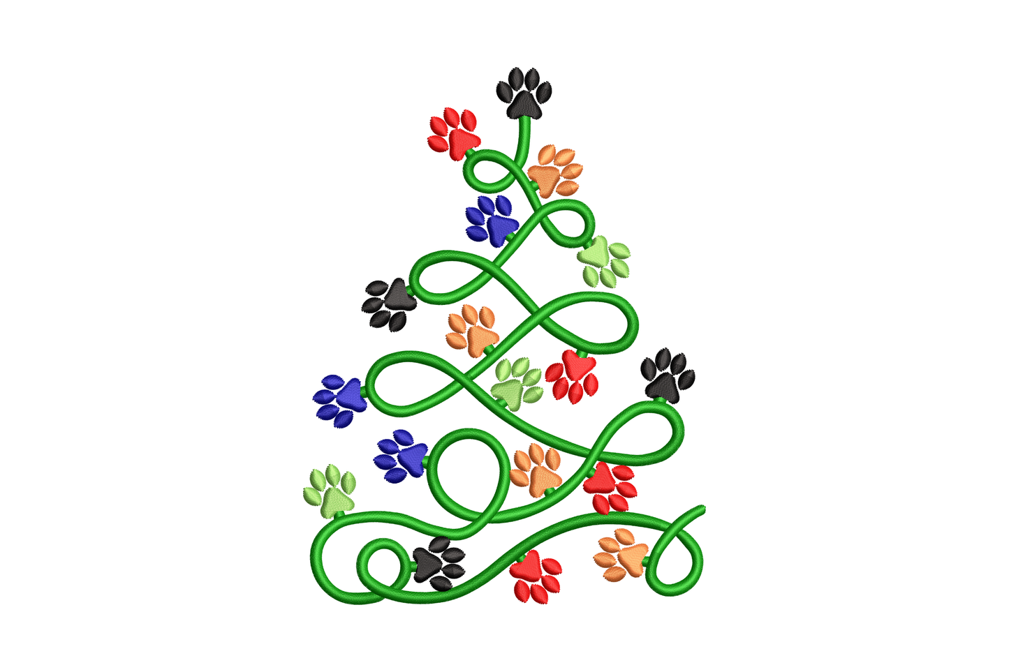 Paw print Christmas tree embroidery design with paw shapes forming tree tiers, 6 colours, 4 sizes up to 6.51 inch