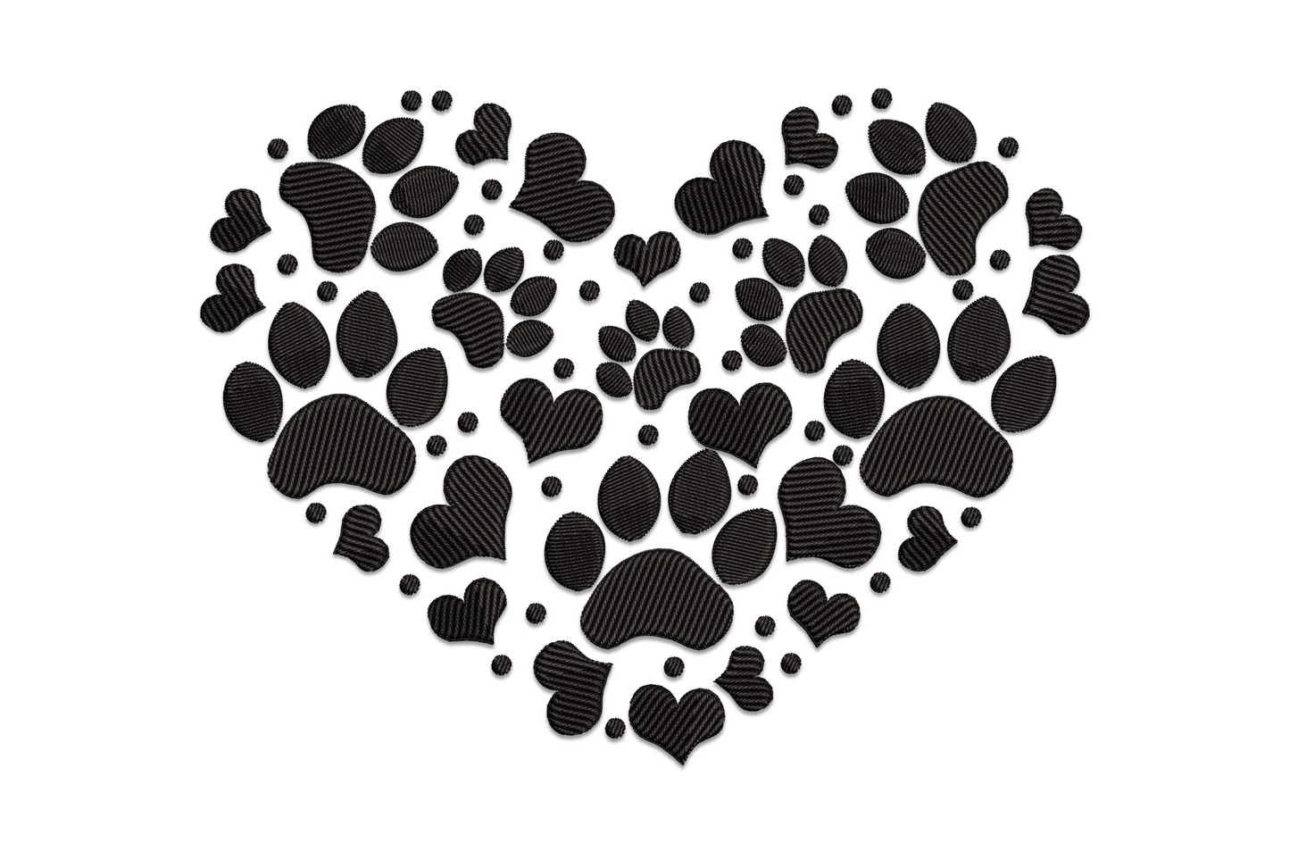 Heart shape formed from packed individual paw prints embroidery in black, each paw with round pad and four toe pads in solid satin stitch
