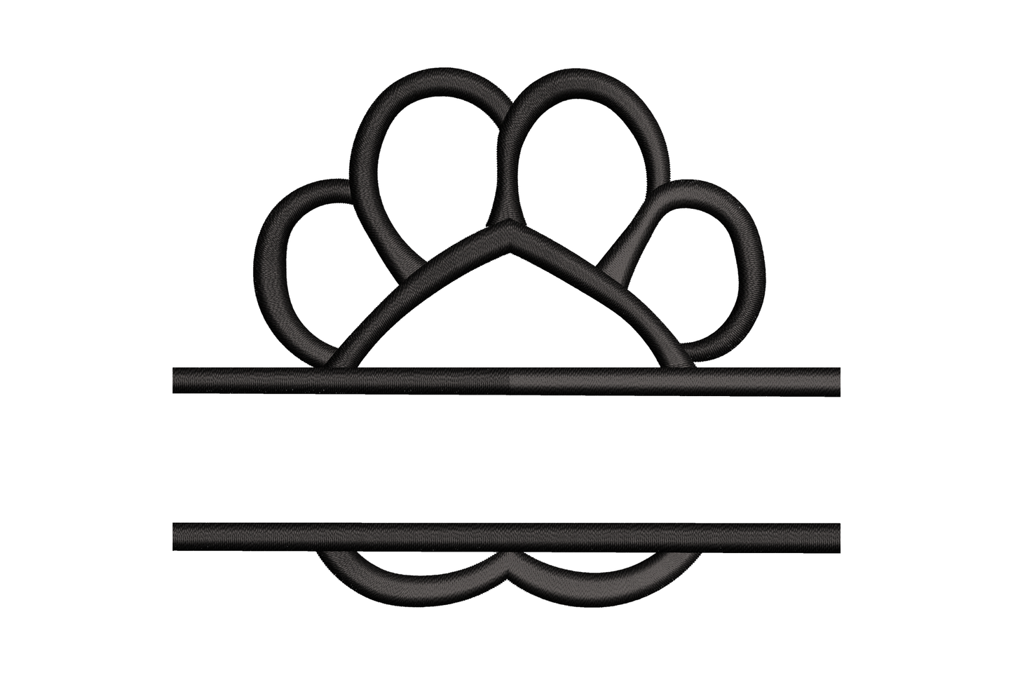 Black paw print split frame embroidery design with horizontal name gap, satin outline on white background for pet monograms
