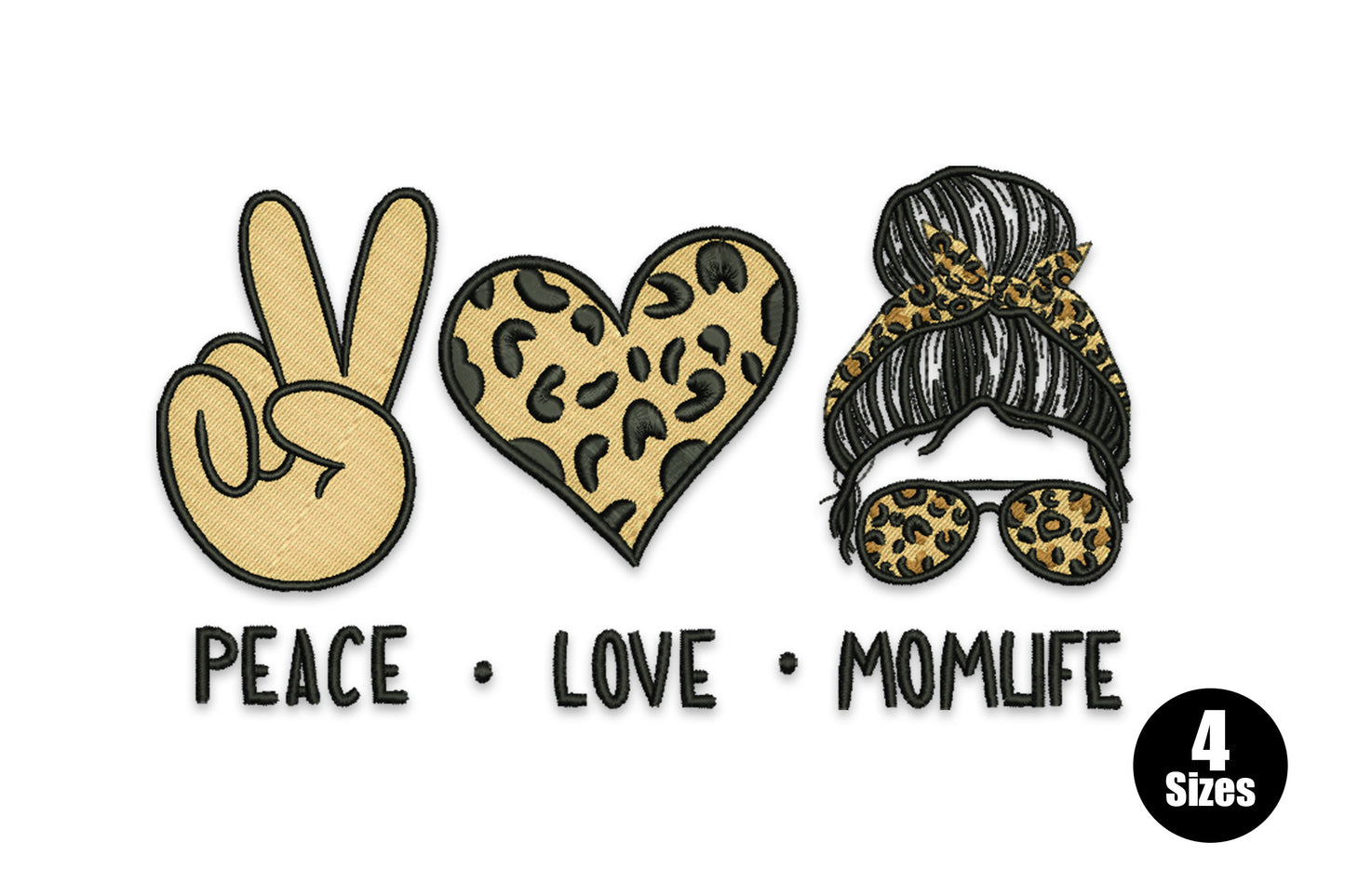 Peace love momlife embroidery design with three icons in a row: peace hand, leopard-print heart, and messy bun mom with sunglasses, with text below.