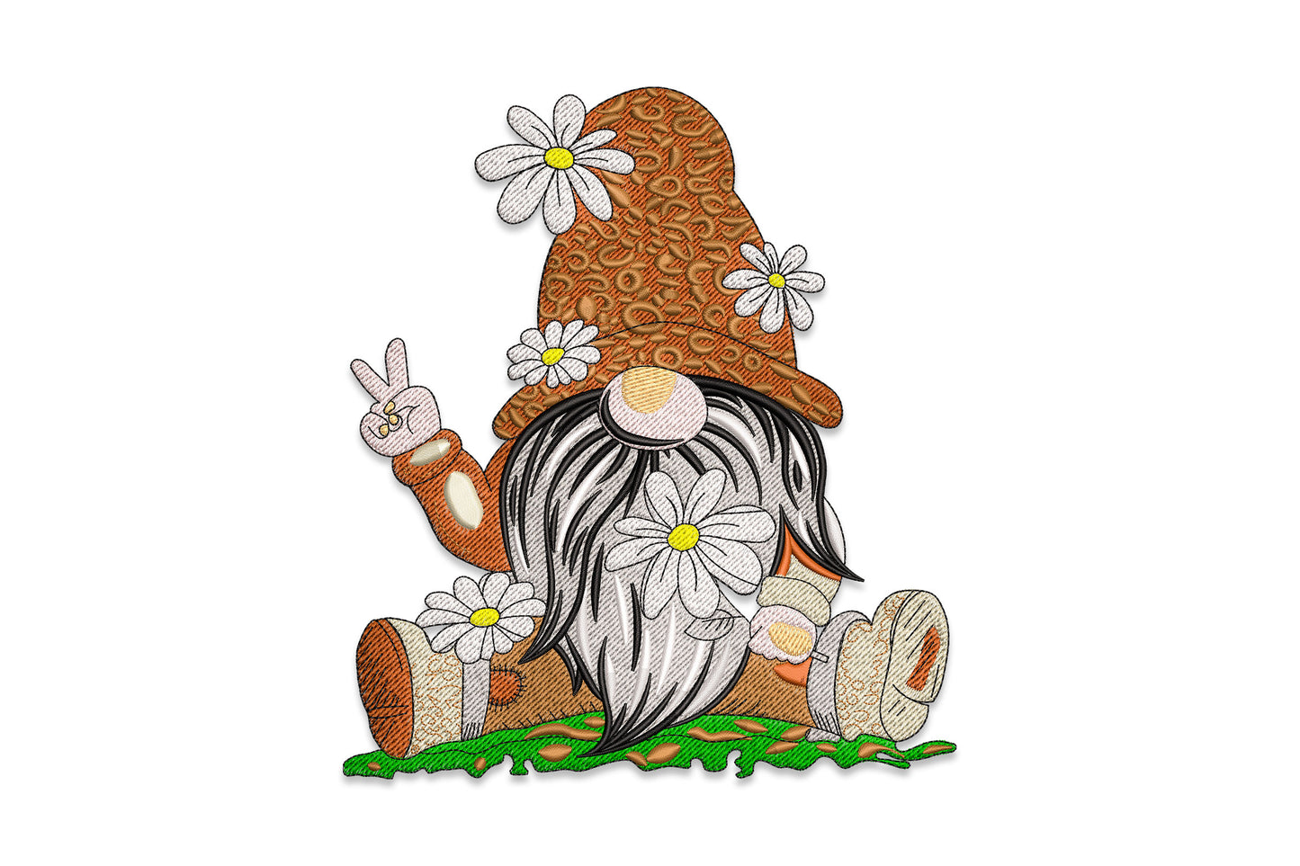 Peace sign daisy gnome embroidery design showing a seated gnome with a rust conical hat decorated with white daisies, long fluffy beard, throwing a peace sign, sitting on a mossy green log.
