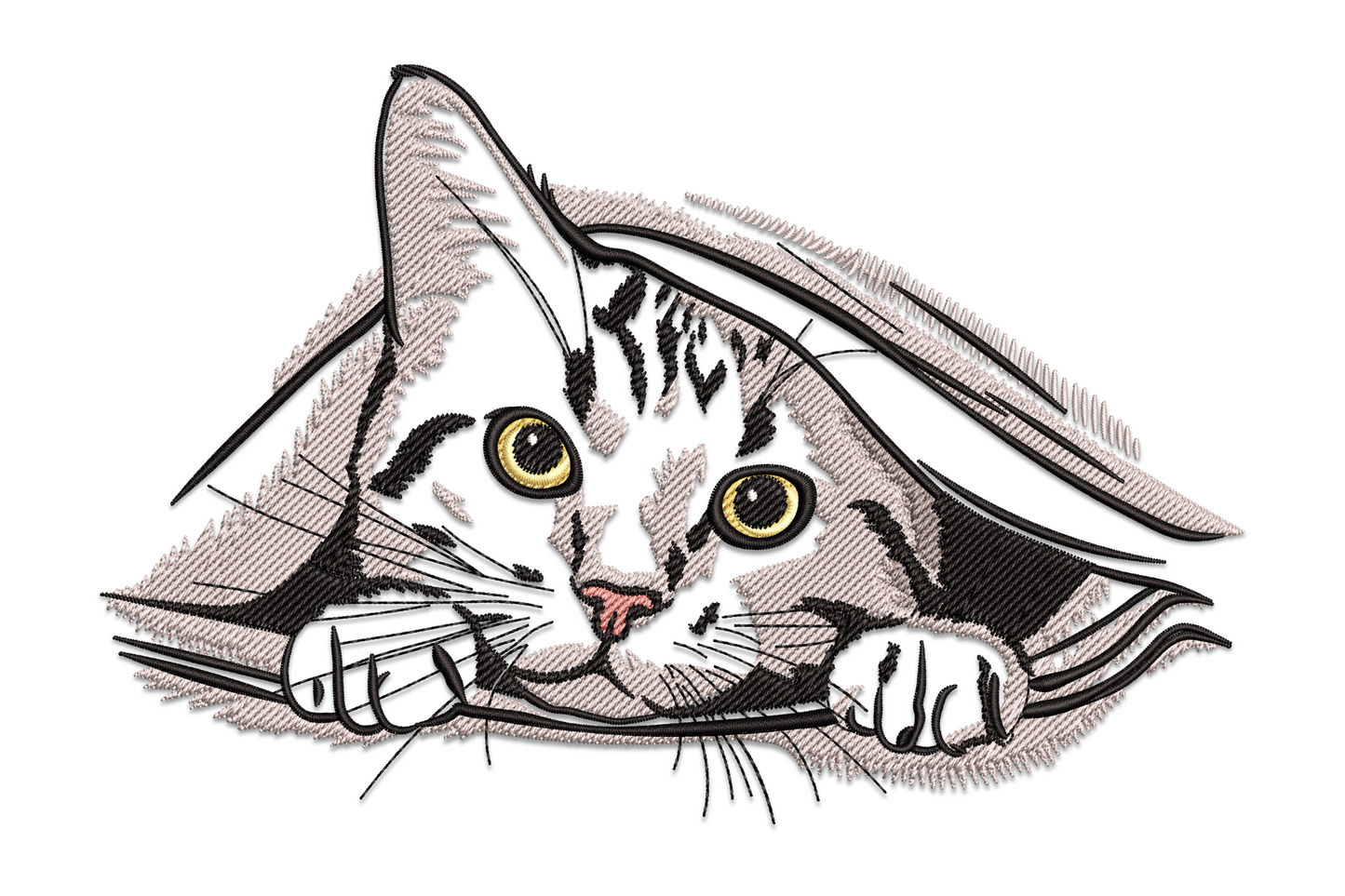 Embroidery design of a tabby cat peeking under a blanket edge, golden eyes staring forward, both paws visible, grey and black markings, 7 colors