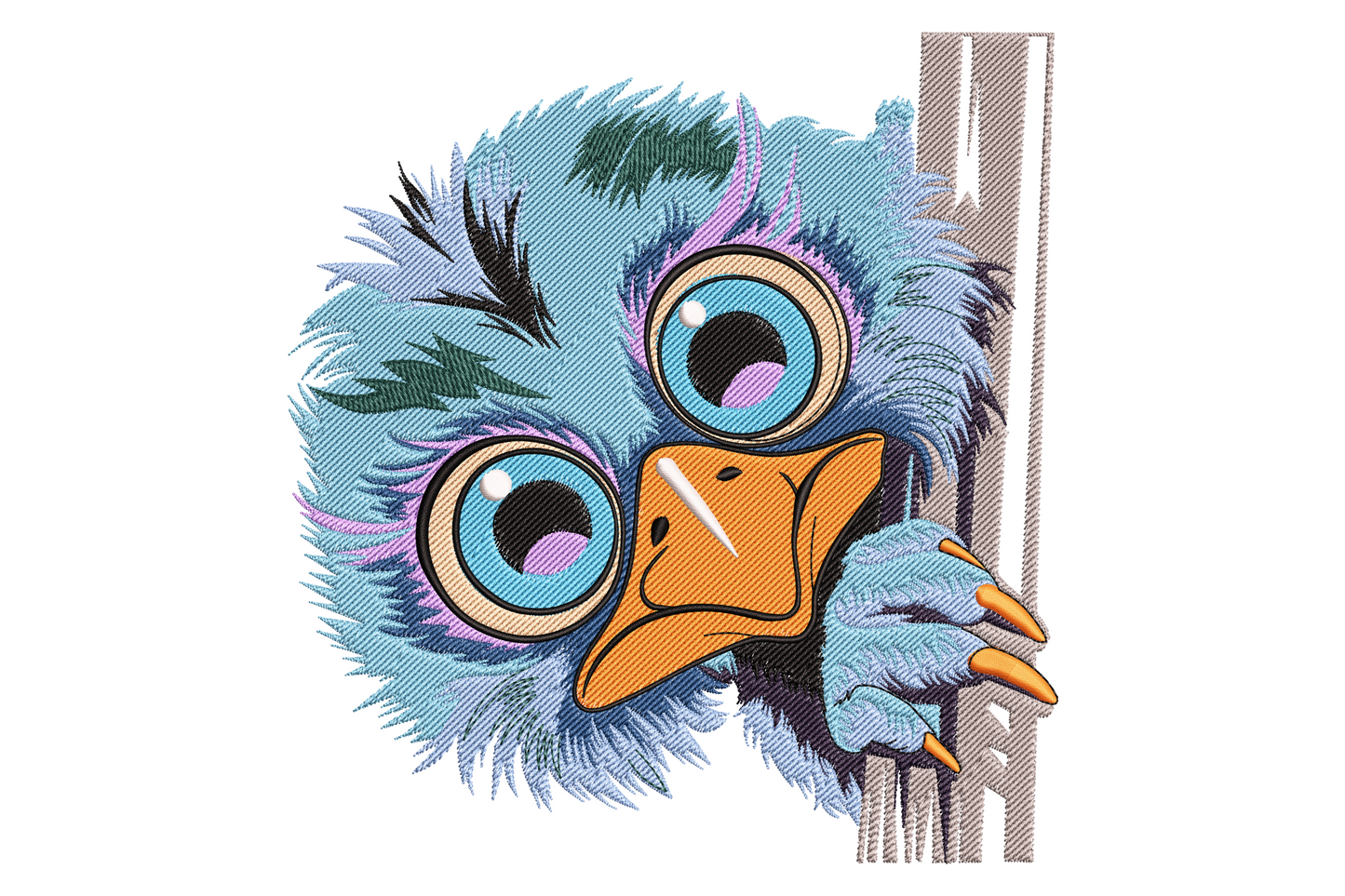 Cartoon peeking bird embroidery design, googly eyes and fluffy teal feathers around a tree trunk
