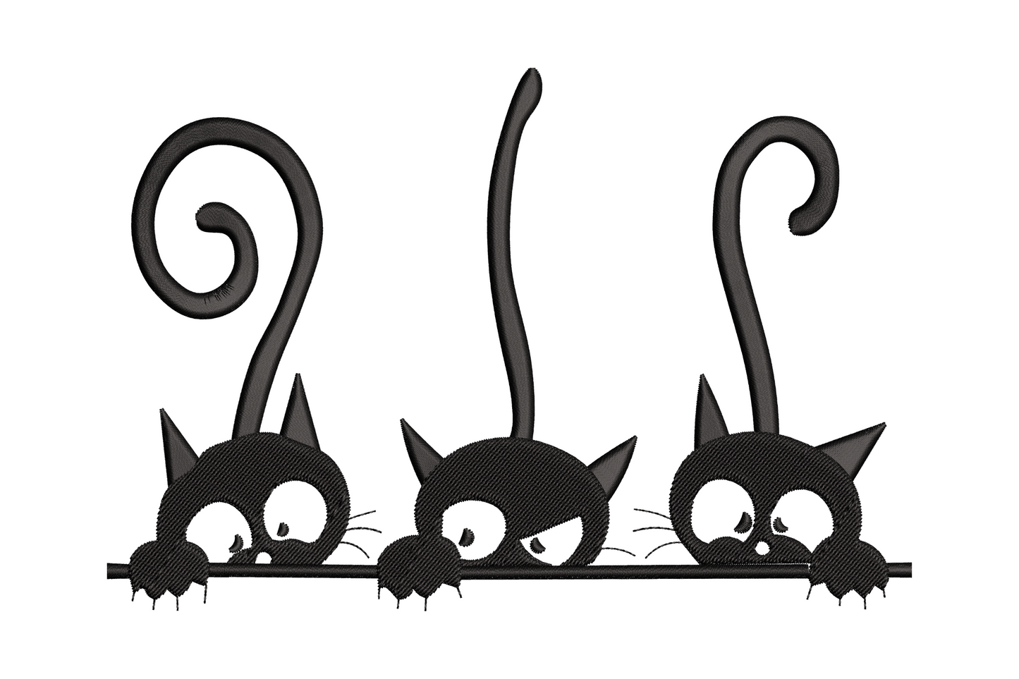 Embroidery border design of three peeking black cats hanging over a ledge with round eyes, whiskers and curled tails