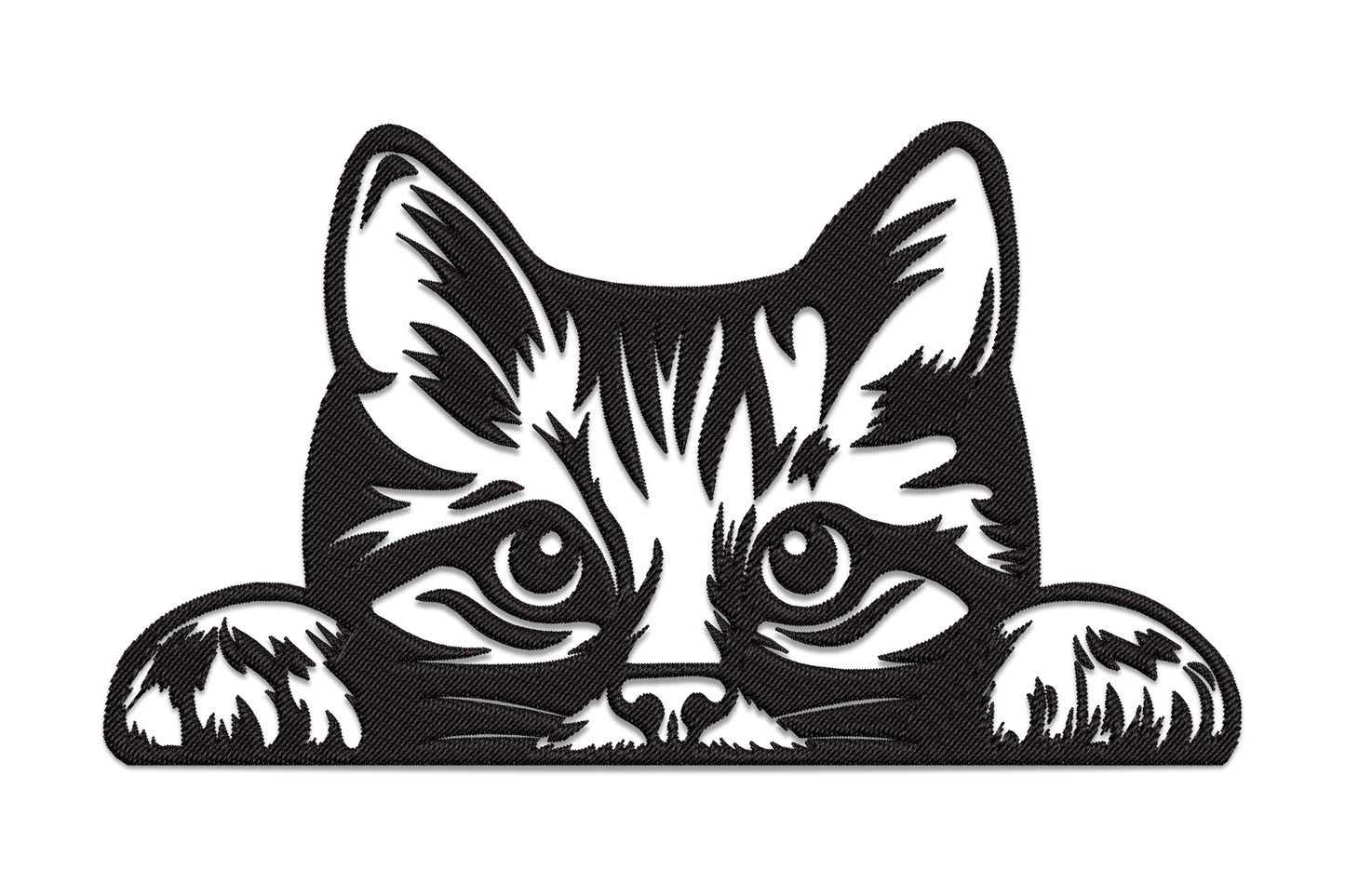 Peeking cat embroidery design, cat face peeking over edge with wide eyes and whiskers, single colour tall narrow design, 5 sizes 1.99 to 4.25 inches wide