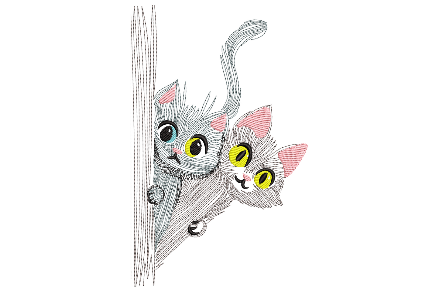 Machine embroidery of two cats peeking up with big eyes and ear tips showing, 6 colours, nine sizes