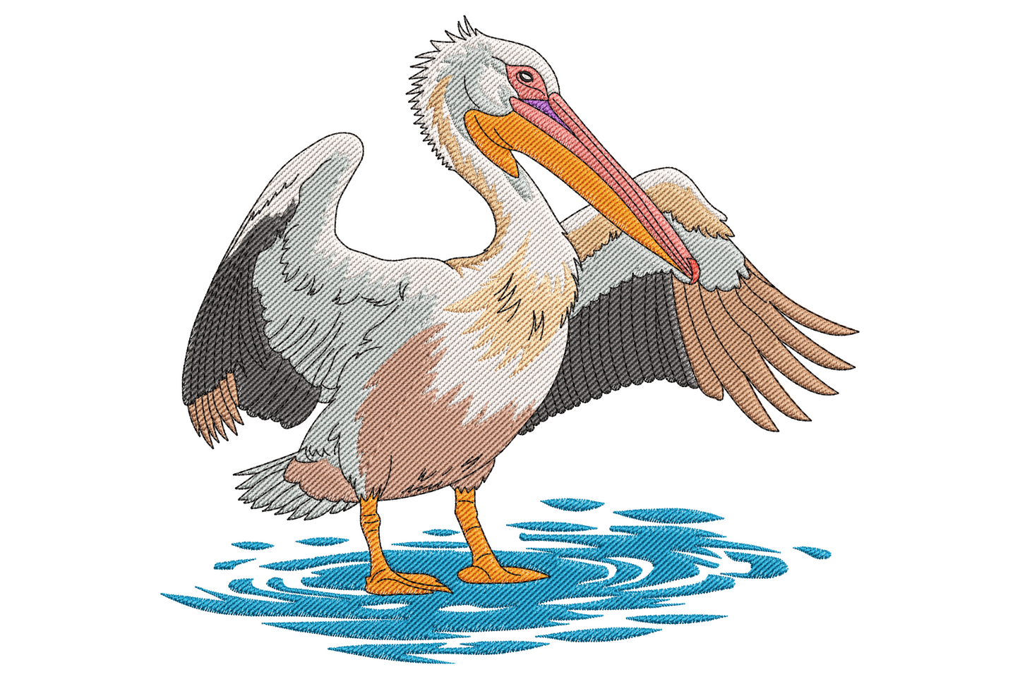 Pelican standing in water embroidery, white wading bird with grey wings spread, orange beak and soft blue ripples.