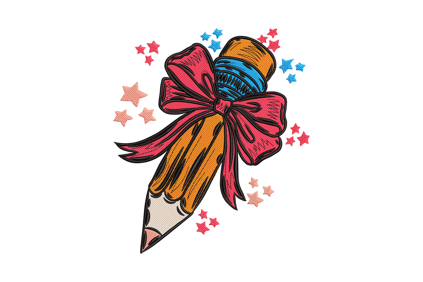 Pencil bow stars embroidery design featuring a diagonal pencil with oversized crimson bow and scattered pink and blue stars.