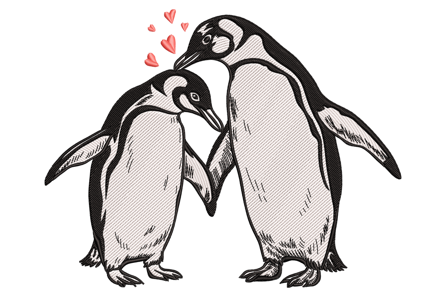Two hand-sketched penguins with flippers touching beneath three small red hearts, ink style with crosshatch shading on black bodies and white bellies