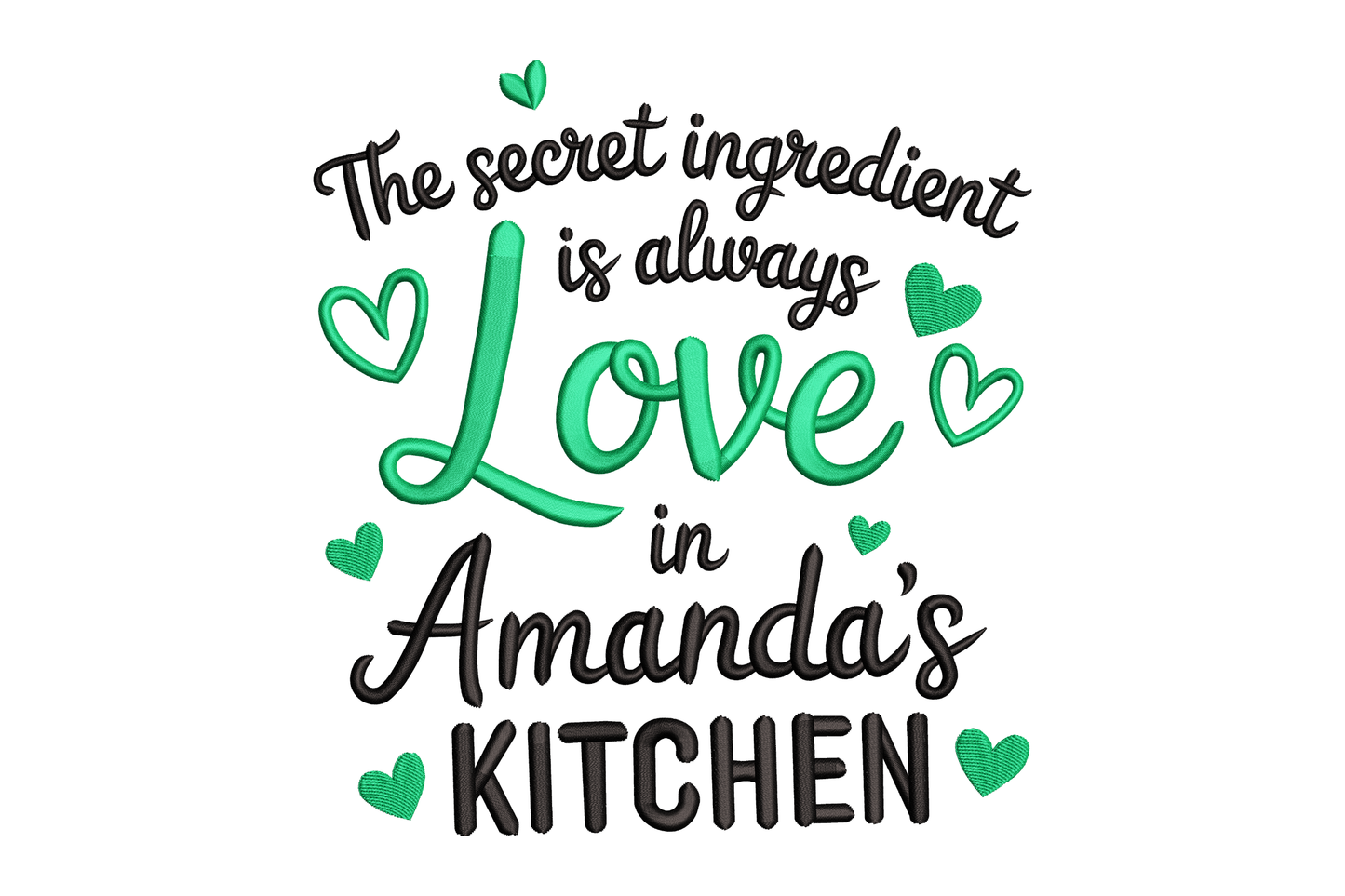 Text design with 'The secret ingredient is always love in Amanda's kitchen' on a white background