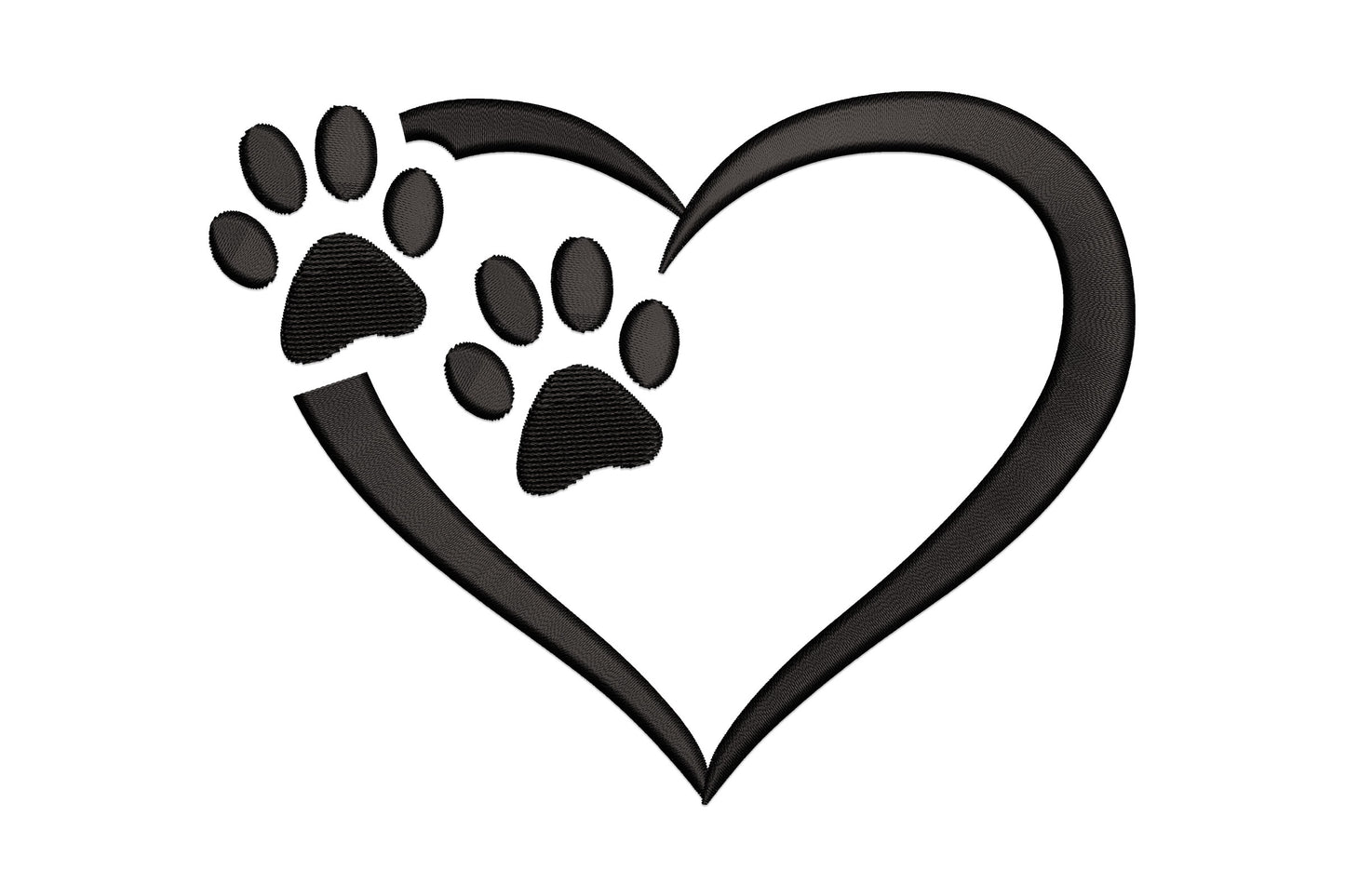 Pet love heart embroidery design with open outline heart and two overlapping paw prints in single black thread.