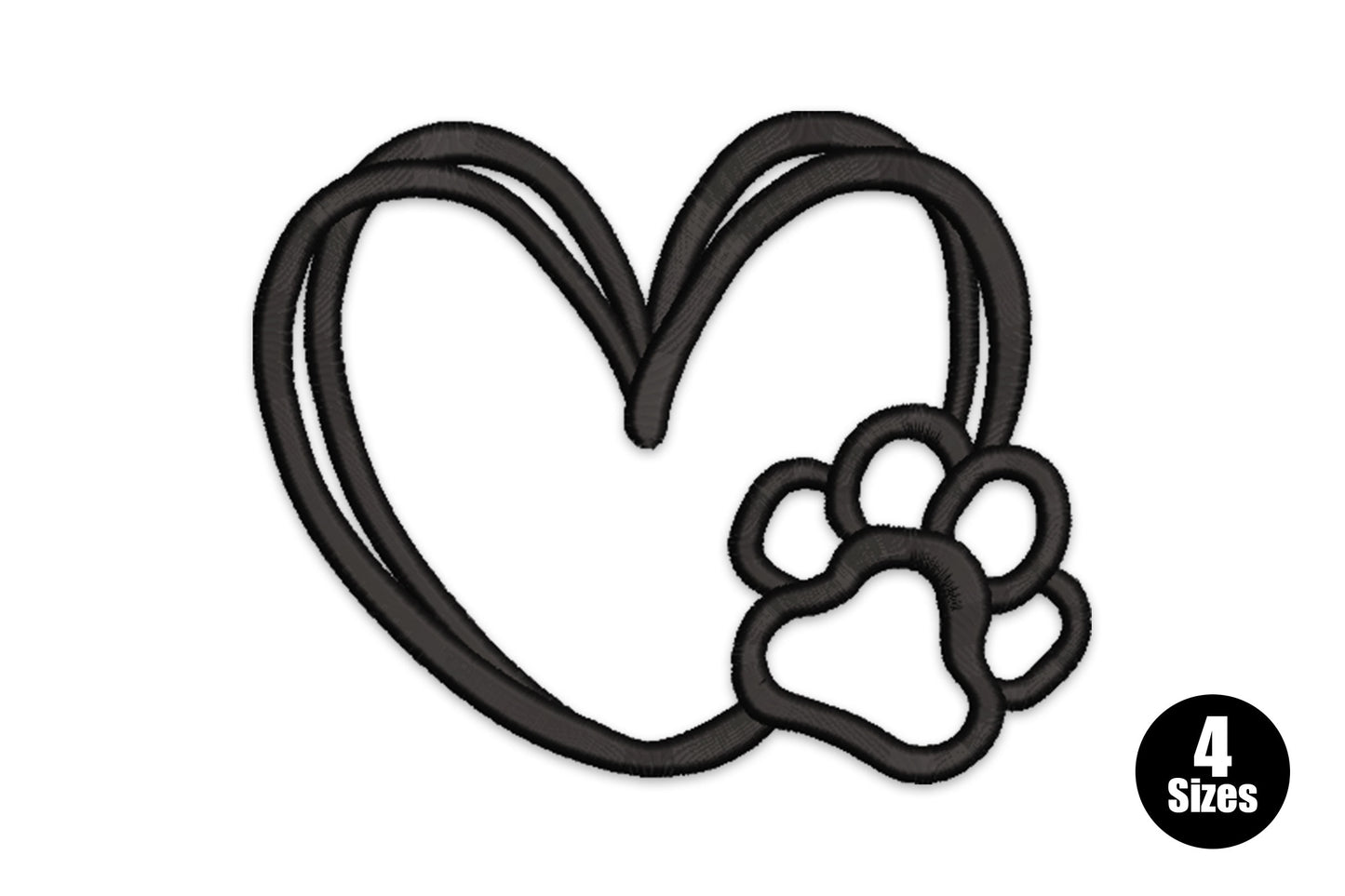 Pet love outline heart embroidery design, sketchy hand-drawn heart with paw print at base, single color black, 4 sizes 1 to 4 inches