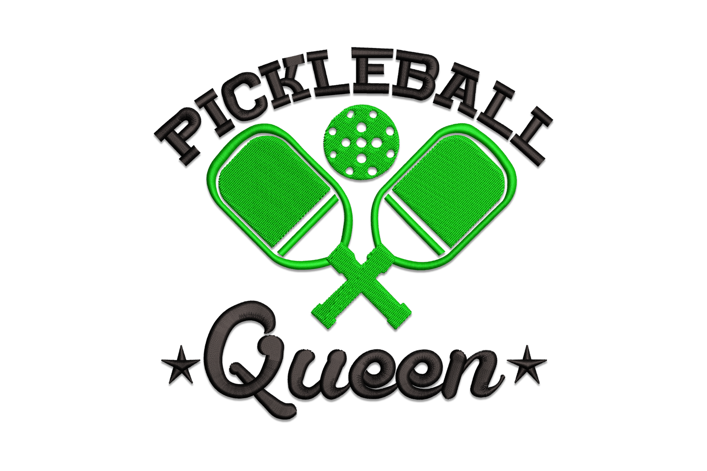 Pickleball Queen embroidery: arched black slab text, crossed green paddles, polka-dot ball, italic Queen script, star accents