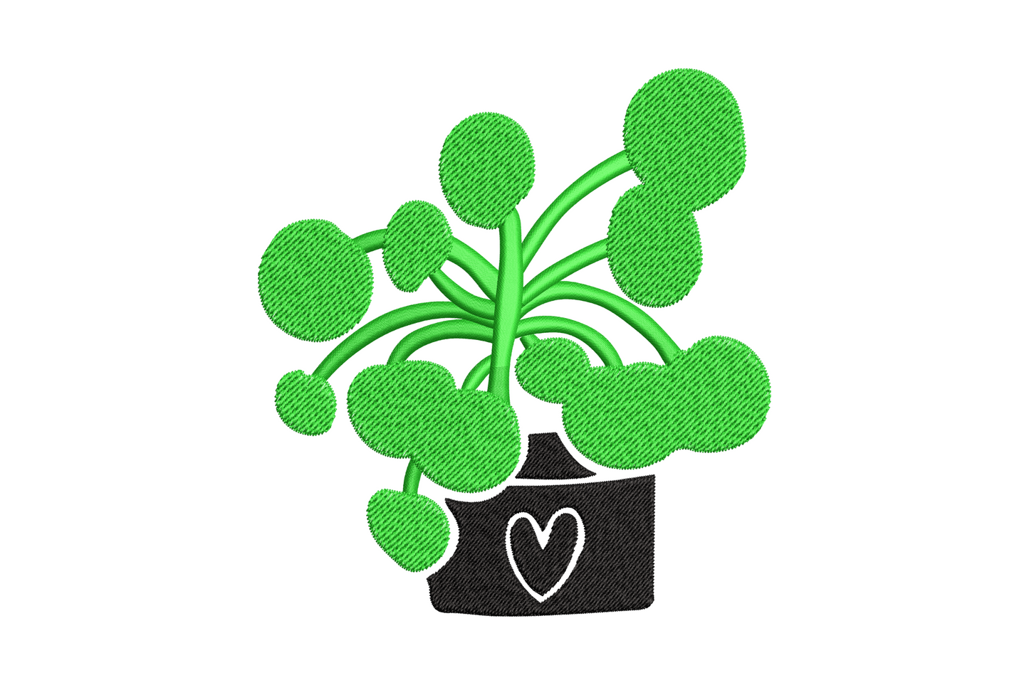 Pilea money plant embroidery design, round coin-shaped lime green leaves on thin stems in a dusty pink pot.