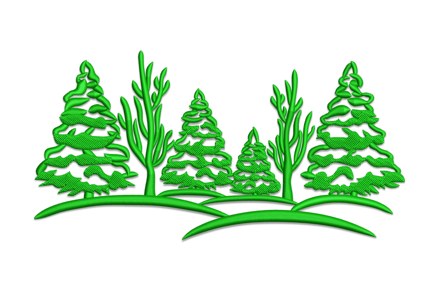 Pine forest landscape embroidery design showing a row of five dark green pine trees on a curved ground line.