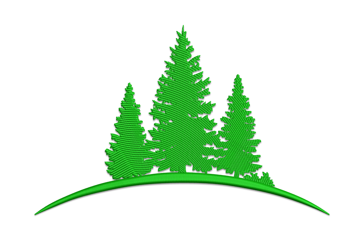 Pine tree silhouette embroidery design, three spruce trees on curved hill in dark forest green, single colour, 5 sizes.