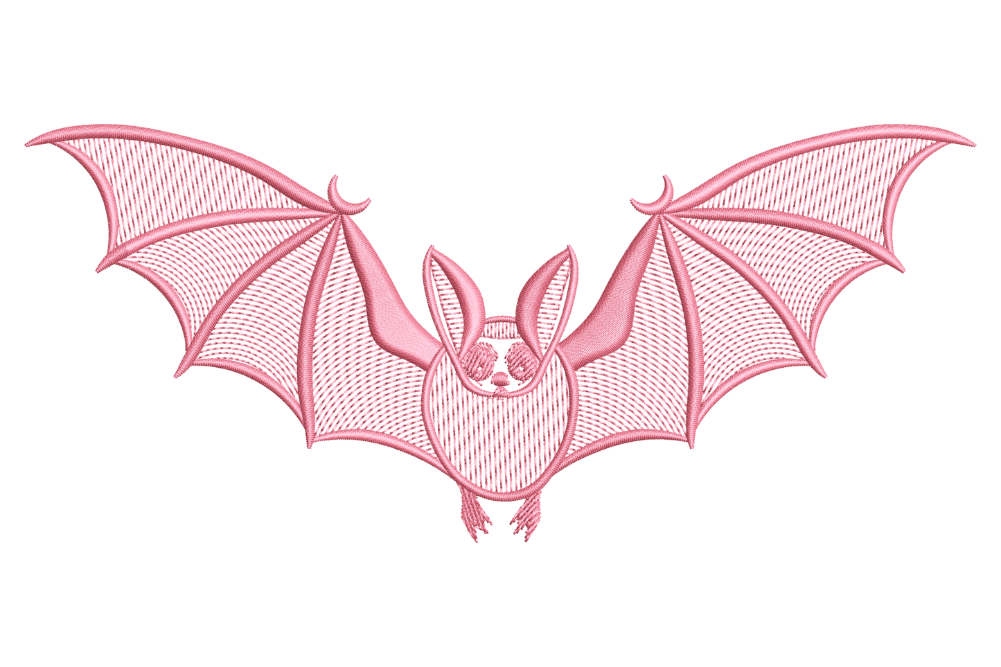 Flat pink bat silhouette in flight, wide wingspan with jagged wing edges and small pointed ears, single colour simple halloween machine embroidery design on white background.