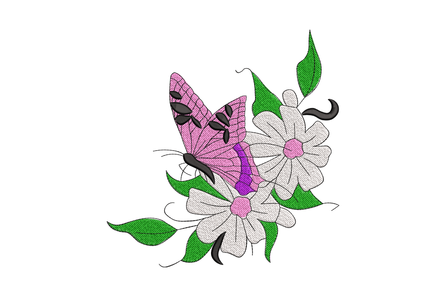 Pink butterfly and daisy embroidery design, pink butterfly with purple markings on white daisy cluster, 5 colors